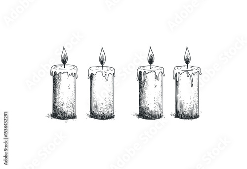 Hand-drawn illustration of four lit candles in a row. Vector retro hand drawn illustration