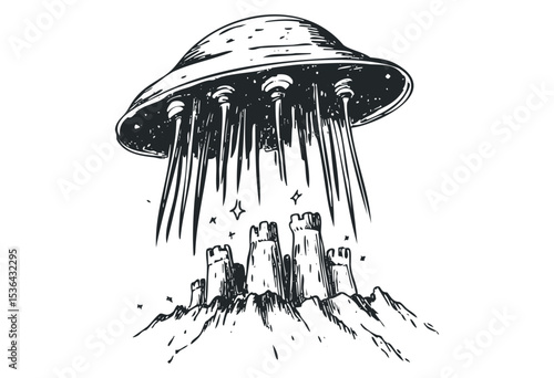 Ufo hovering over ancient castle with light beams in comic style art. Vector retro hand drawn illustration