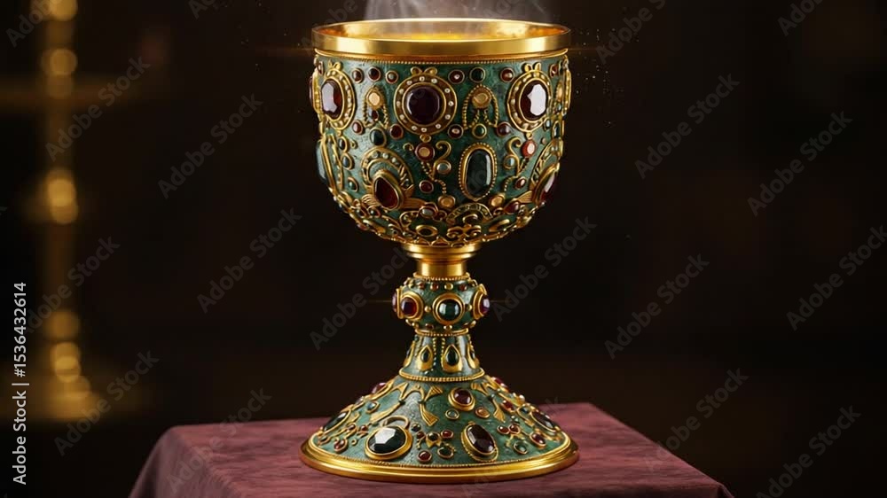 Ornate jeweled chalice with steam on velvet surface Ornate jeweled chalice with steam on velvet surface