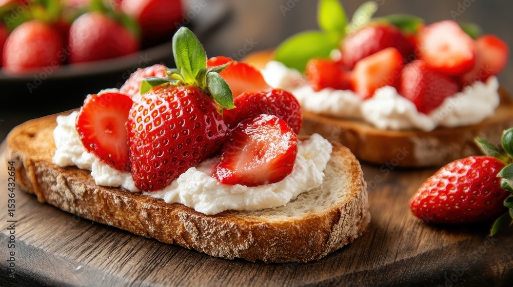This beautifully arranged toast features fresh strawberries atop a creamy topping, perfect for a delicious breakfast or a sweet snack any time of day. This beautifully arranged toast features fresh strawberries atop a creamy topping, perfect for a delicious breakfast or a sweet snack any time of day.