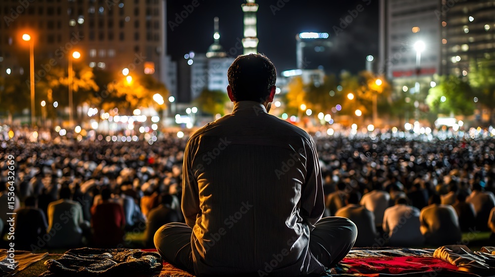 Obraz premium A large gathering of people outdoors at night.