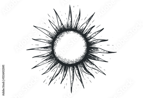 Hand-drawn sun sketch with radiating rays in black and white ink design. Vector retro hand drawn illustration