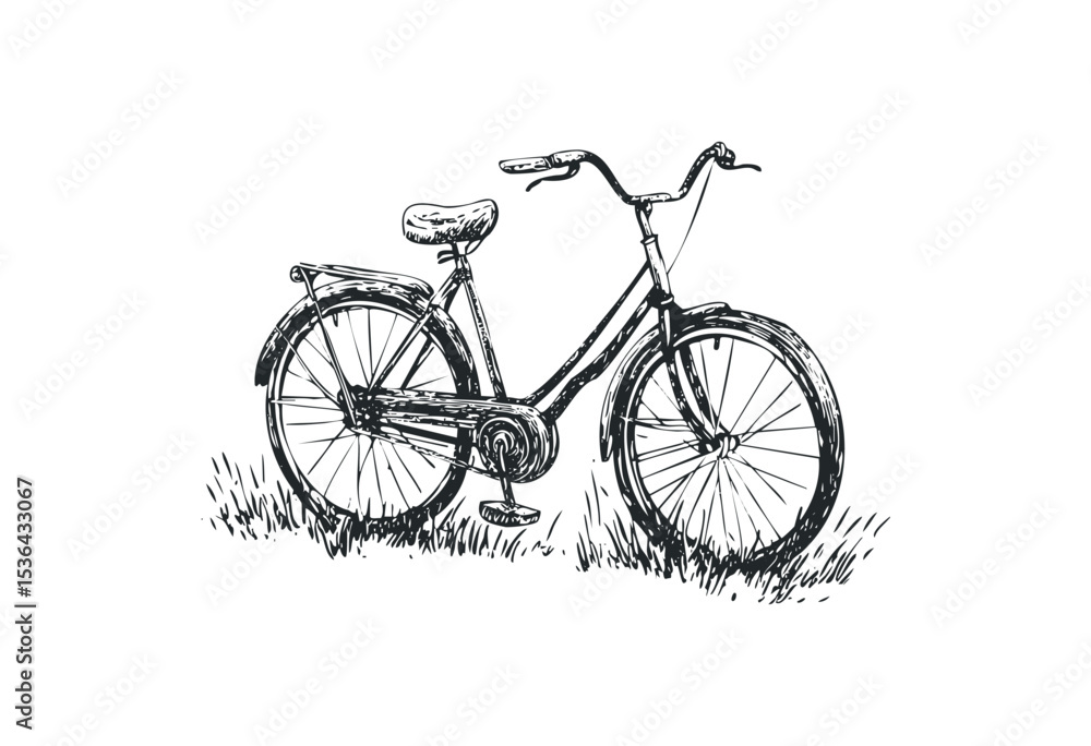 Fototapeta premium Hand-drawn vintage bicycle sketch on grass in black and white. Vector retro hand drawn illustration