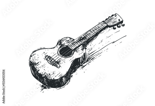 Sketch of acoustic guitar with detailed strings and frets. Vector retro hand drawn illustration