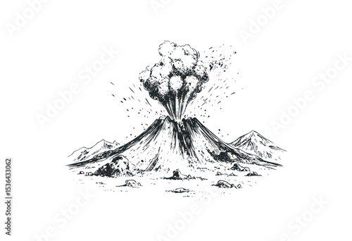 Erupting volcano sketch with explosive ash cloud and mountains. Vector retro hand drawn illustration