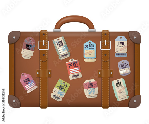 Realistic illustration of a vintage leather suitcase decorated with travel tags from major world cities including Tokyo, New York, Paris, Istanbul, and more. Concept of global exploration and tourism.
