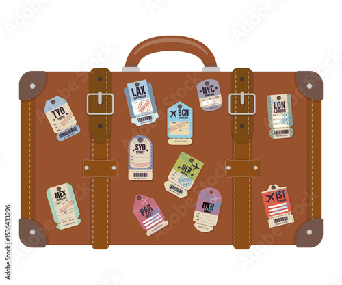 Vintage-style luggage with bright city labels including Tokyo, London, Paris, New York, and more a symbol of global travel and exploration. Perfect for themes of adventure, nostalgia, and tourism.