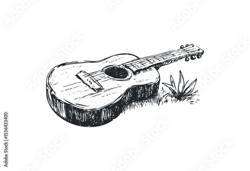 Detailed illustration of acoustic guitar in grass setting. Vector retro hand drawn illustration