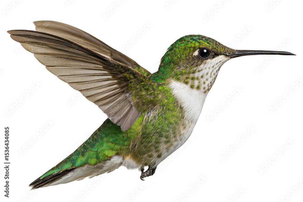 Fototapeta premium A small, iridescent green hummingbird is pictured hovering with rapidly beating wings, isolated on a pure transparent background for nature