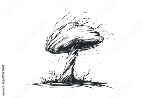 Hand-drawn explosive mushroom cloud with branches. Vector retro hand drawn illustration