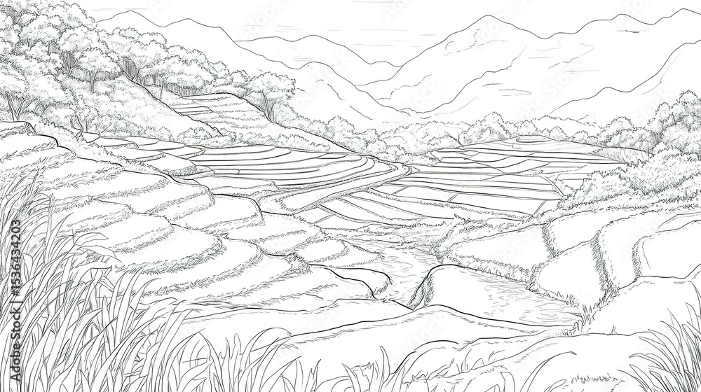 Obraz premium Landscape sketch of terraced rice paddies