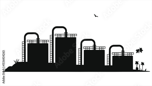 ( Water Treatment Plants)Vector Silhouetted Industrial Plant with Tropical Setting