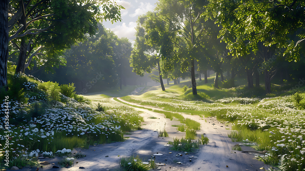 Fototapeta premium Serene Sunlit Forest Paths: Morning Light Filtering Through Lush Canopies