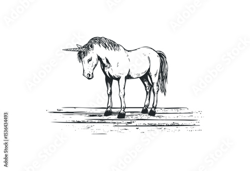 Hand-drawn illustration of a standing unicorn with detailed features. Vector retro hand drawn illustration
