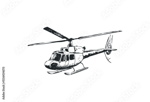 Vintage helicopter sketch with rotor blades and skids. Vector retro hand drawn illustration