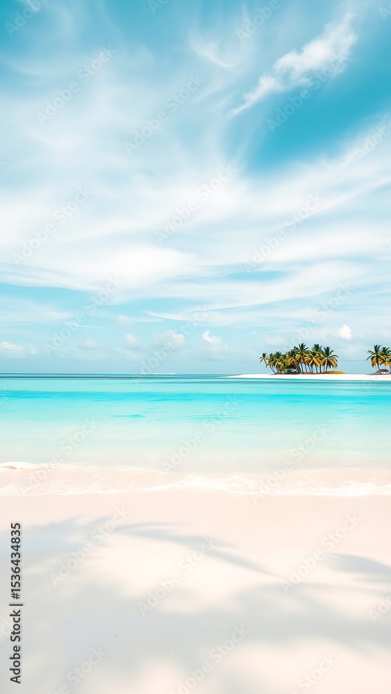 Fototapeta premium Serene tropical beach scene with palm trees and turquoise water, wallpaper