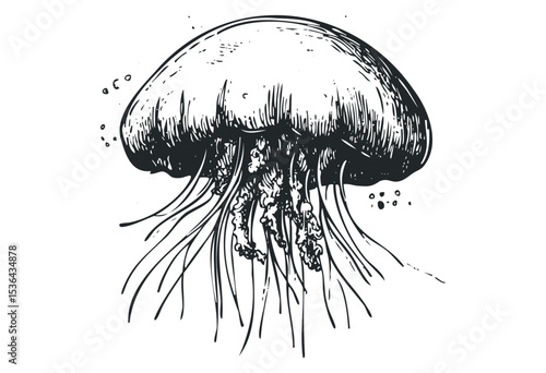 Detailed ink drawing of a jellyfish with long tentacles. Vector retro hand drawn illustration
