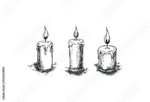 Three detailed hand-drawn candles with melting wax and burning flames. Vector retro hand drawn illustration