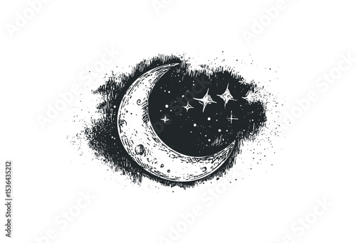 Artistic sketch of crescent moon and stars in a dreamy night scene. Vector retro hand drawn illustration