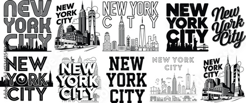 New York City, USA, America’s Best, design should feature strong, modern typography with the words NEW YORK CITY large and dominant, a vector illustration of T-shirt designs set of icons