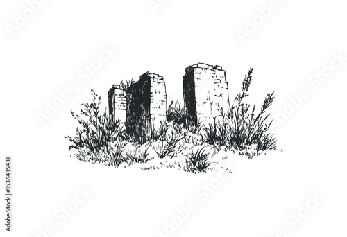 Rustic brick ruins encased in lush vegetation with overgrown foliage. Vector retro hand drawn illustration
