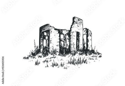 Ruined stone structure with overgrown grass in a sketch style. Vector retro hand drawn illustration