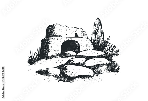 Ancient stone structure with plants and rocks in black and white illustration. Vector retro hand drawn illustration