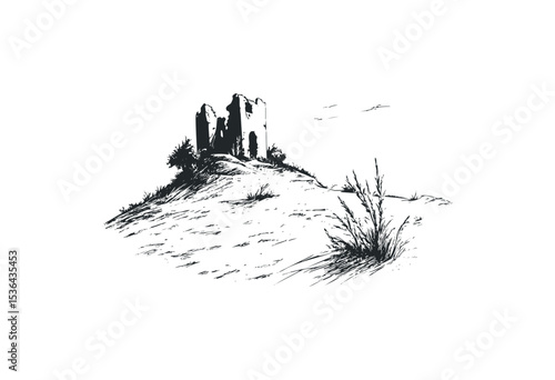 Ruins of an ancient fortress on a hilltop in detailed black and white sketch. Vector retro hand drawn illustration