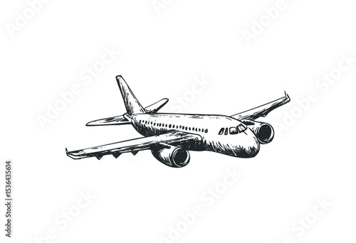 Detailed sketch of a passenger airplane with illustrated wings and engines. Vector retro hand drawn illustration