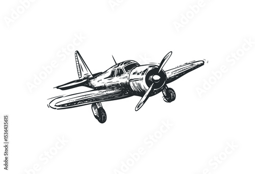 Vintage fighter airplane sketch with propeller and tail wings detailed. Vector retro hand drawn illustration