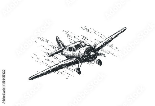 Vintage airplane sketch: detailed drawing of classic aircraft in motion. Vector retro hand drawn illustration