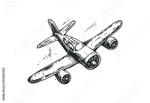 Vintage airplane illustration with detailed engine and wings. Vector retro hand drawn illustration