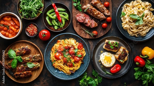 Wallpaper Mural A table with various dishes, including pasta, meat, and vegetables, arranged on a dark background. Torontodigital.ca