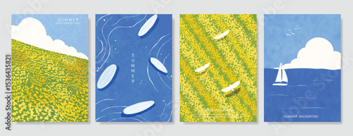 Abstract Green Summer landscape background vector set. Nature wallpaper of green field on mountain, yellow flowers, blue sky, rice, sea, boat. Watercolor illustration for cover, wall art, decoration.
