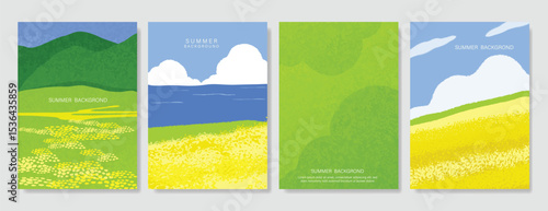 Abstract Green Summer landscape background vector set. Nature wallpaper of green field on mountain, yellow flowers, blue sky, rice, river. Watercolor illustration for cover, wall art, decoration.
