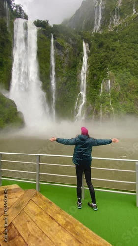 happy girl spreads her arms and observes powerful Stirling Falls up close falling from high mountain cliff during a heavy rainfall - Ferry Cruise Through Milford Sound, Fiordland National Park