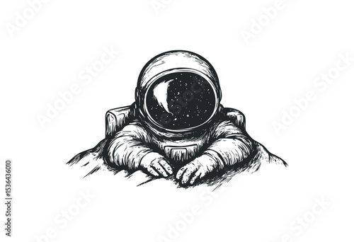 Sketch of an astronaut in space suit with starry helmet reflection. Vector retro hand drawn illustration