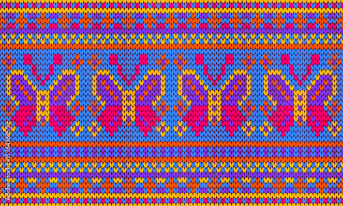 Butterfly and flowers, seamless weaving pattern, blue background with multicolored butterflies.