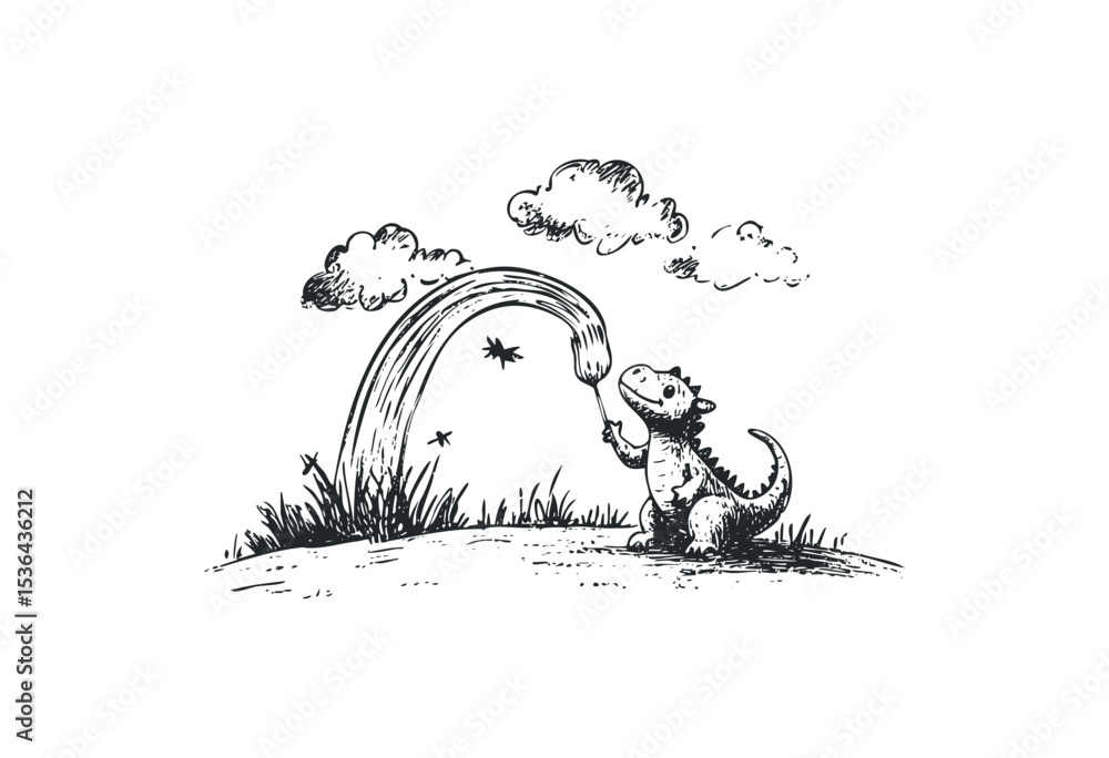 Obraz premium Cute dinosaur painting rainbow with clouds and stars in whimsical scene. Vector retro hand drawn illustration