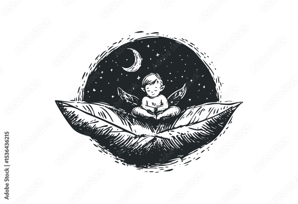 Obraz premium Dreamy caucasian child meditates on leaf under starry night sky with crescent moon. Vector retro hand drawn illustration