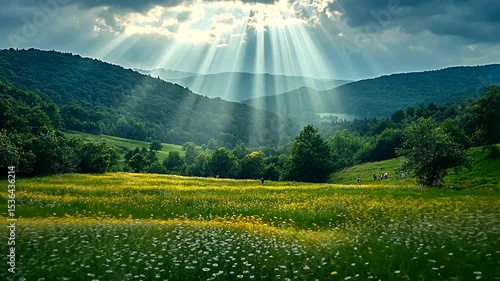 Idyllic mountain meadow with wildflowers and sunbeams, creating serene landscape