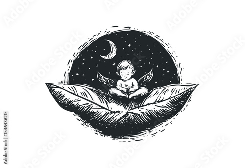 Dreamy caucasian child meditates on leaf under starry night sky with crescent moon. Vector retro hand drawn illustration