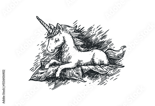 Scribbled illustration of a resting unicorn with majestic horn. Vector retro hand drawn illustration