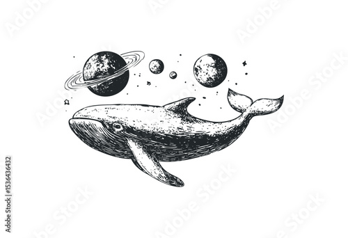 Cosmic whale floating among planets in surreal space art. Vector retro hand drawn illustration