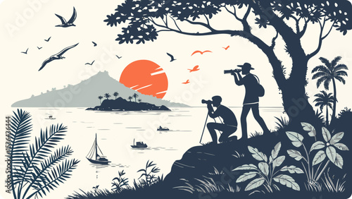 Two photographers enjoy a scenic sunset view over a tropical island ocean