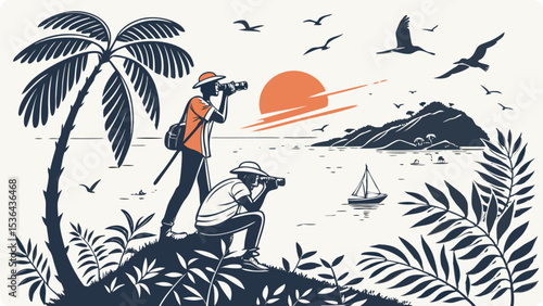 Two photographers enjoy the sunset view from a tropical beach, using binoculars and a camera