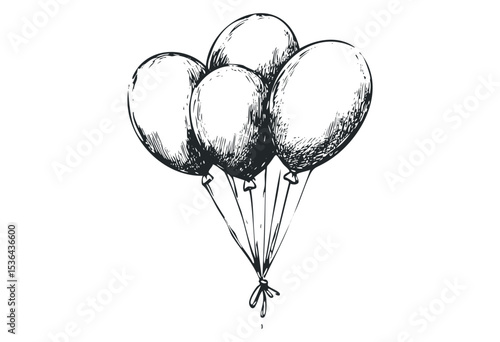 Hand-drawn balloons illustration sketch with five floating balloons. Vector retro hand drawn illustration