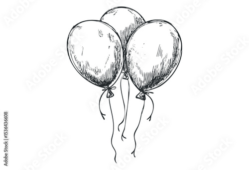 Hand-drawn sketch of three floating balloons with strings. Vector retro hand drawn illustration