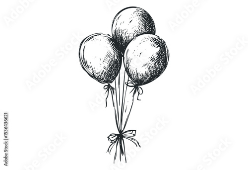 Hand-drawn balloon trio sketch with ribbon ties. Vector retro hand drawn illustration