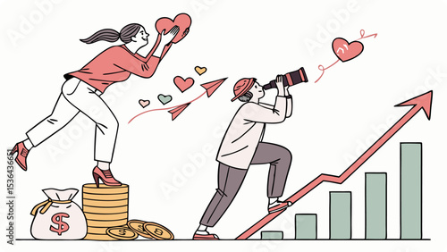 A woman joyfully gives hearts while a man uses binoculars to watch their financial growth chart